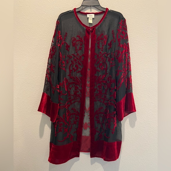 Neiman Marcus Cardigan Long Line Baroque Burnout Black Mesh Dark Red Velvet XL - Picture 3 of 9